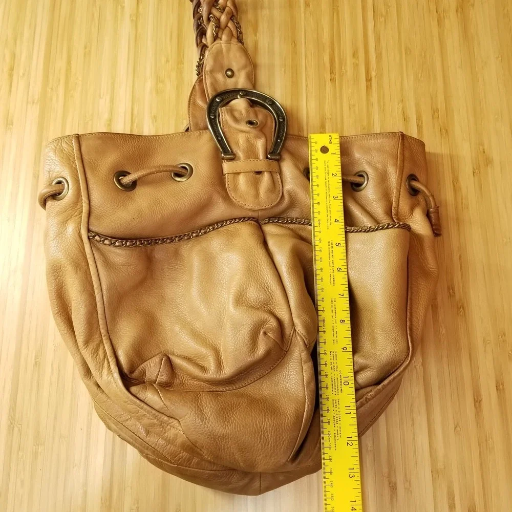 Vtg Betsey Johnson Leather Horseshoe‎ Bucket Bag Brown Y2K Western Cowgirl Hobo